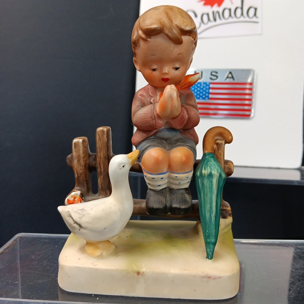 Vintage Figurine Boy Praying With Good Duck Watching On Fence JAPAN